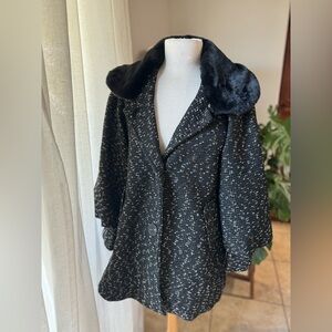 Anthropology brand Chic Black Tweed Coat with Faux Fur Collar